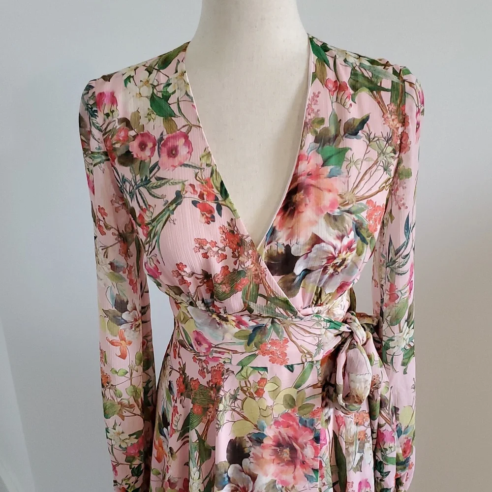 Jay Godrey Floral Pink/Green Wrap fully lined Dress handkerchief hem Size 0 EUC - Picture 4 of 9